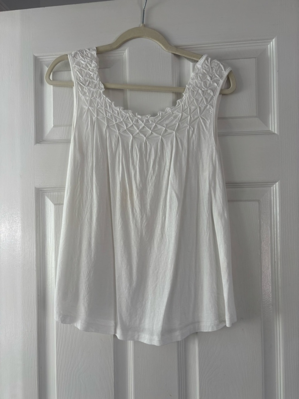 Women’s White Sleeveless Smocked Yoke Tank Top